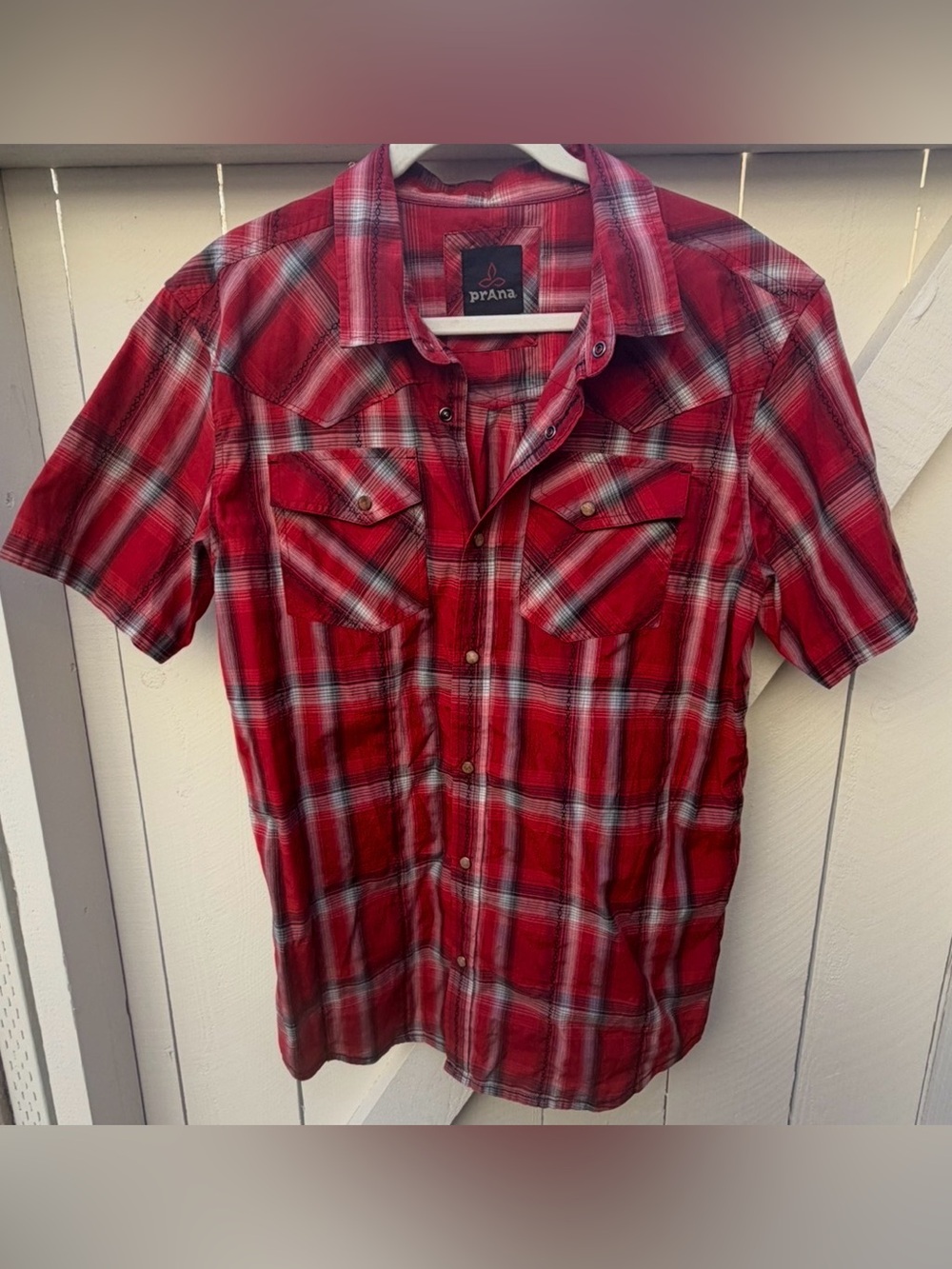 Prana Red Plaid Short Sleeve pearl snap  Button-Down Shirt Large